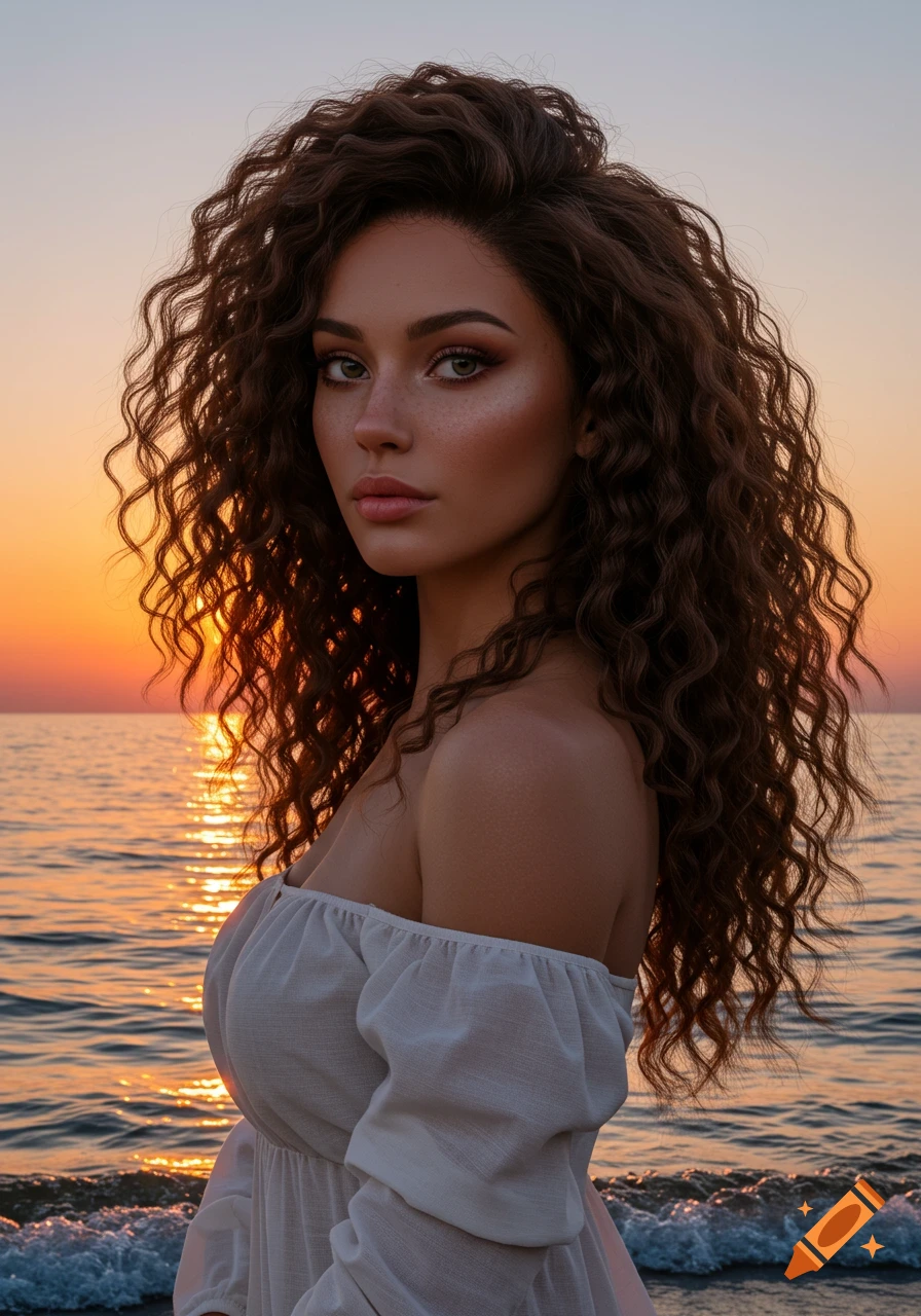 Photorealistic portrait of a woman with long curly hair in a white dress by the ocean at sunset.