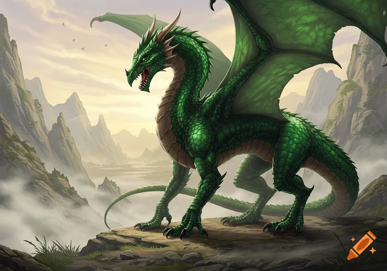 A majestic green dragon with large wings stands on a cliff overlooking a misty mountain valley at sunset, in a detailed fantasy art style.