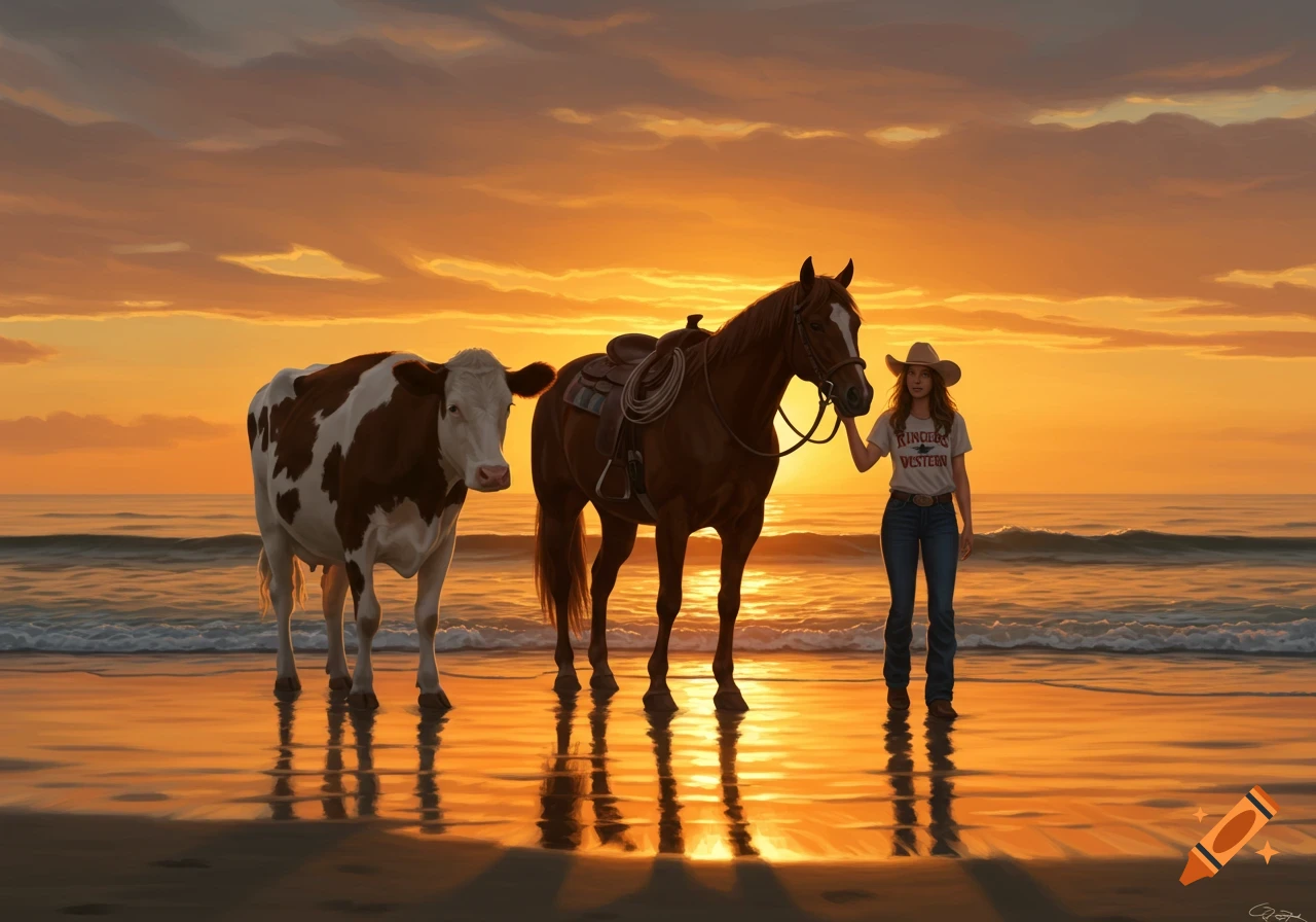 A cowgirl in jeans and a hat stands on a sandy beach with a cow and a saddled horse at sunset, with golden light reflecting on the wet sand.