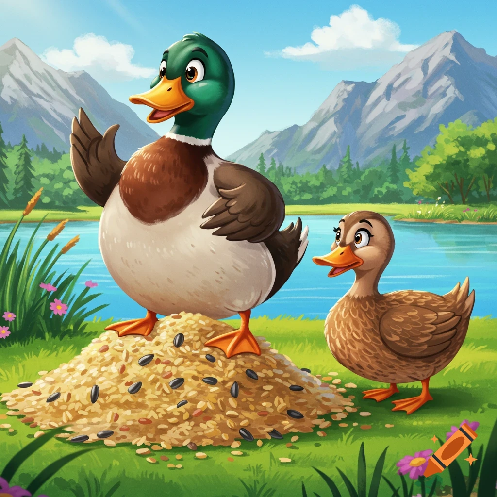A large cartoon mallard duck stands on a pile of birdseed, appearing to talk to a smaller brown duck by a lake with mountains.