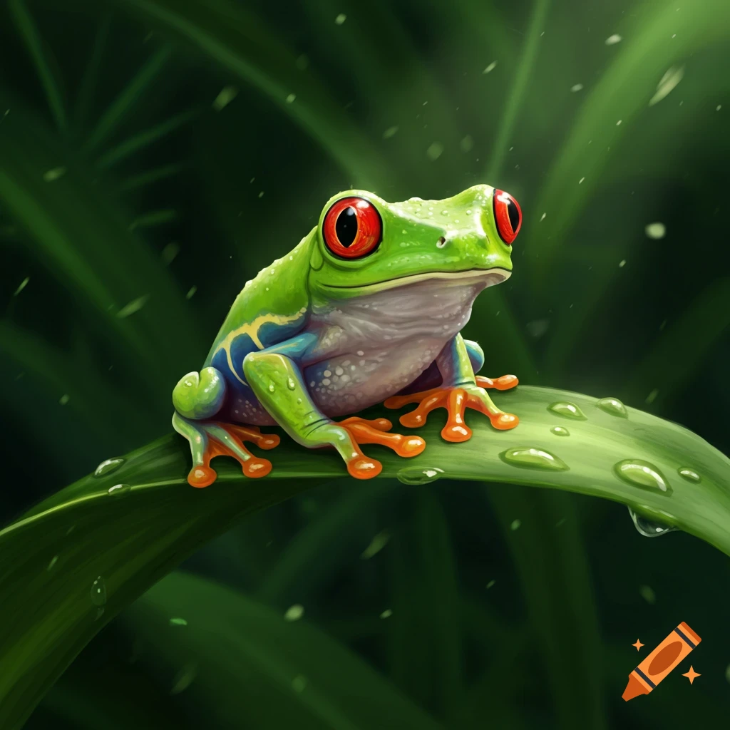Vibrant illustration of a red-eyed tree frog with green skin and red eyes sitting on a dewy green leaf.