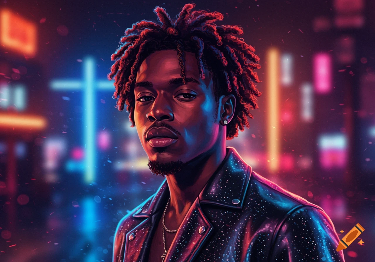 Vibrant digital art portrait of a man with red dreadlocks and a textured jacket against a blurred neon cyberpunk city background.