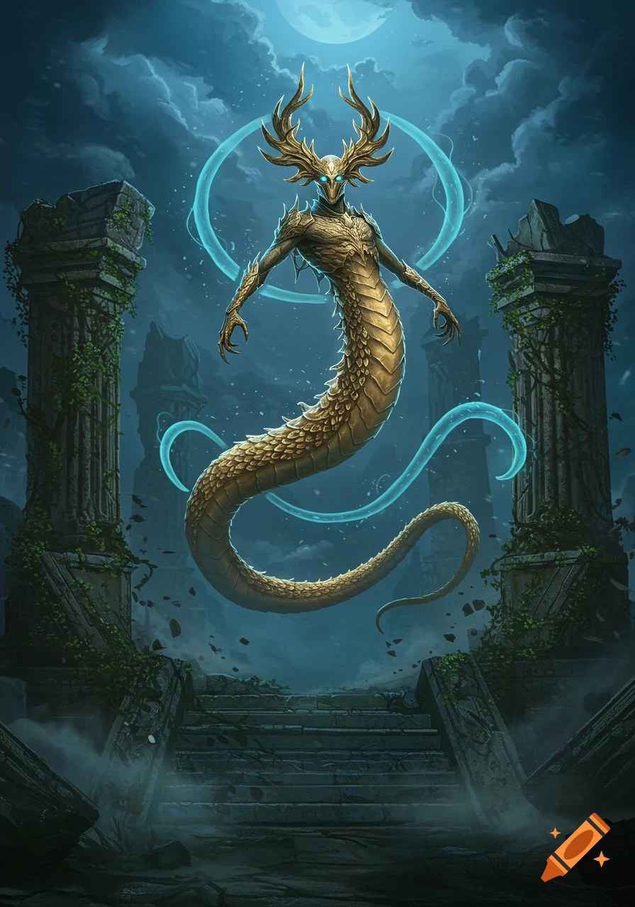 A golden horned serpent-like creature with glowing eyes floats in dark fantasy ruins under a full moon, encircled by ethereal blue rings.