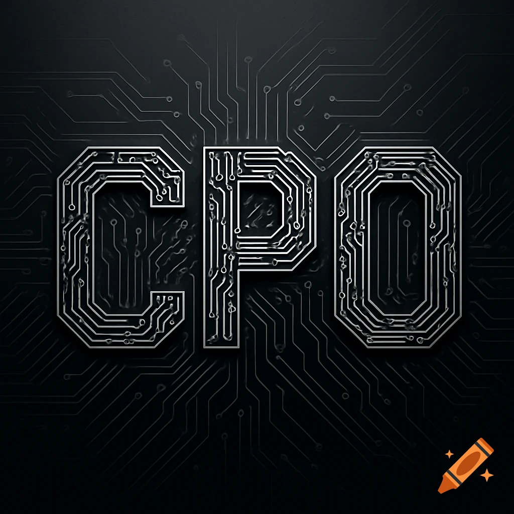 The letters CPO, designed to look like silver circuit board lines, against a dark background with a subtle circuit pattern.