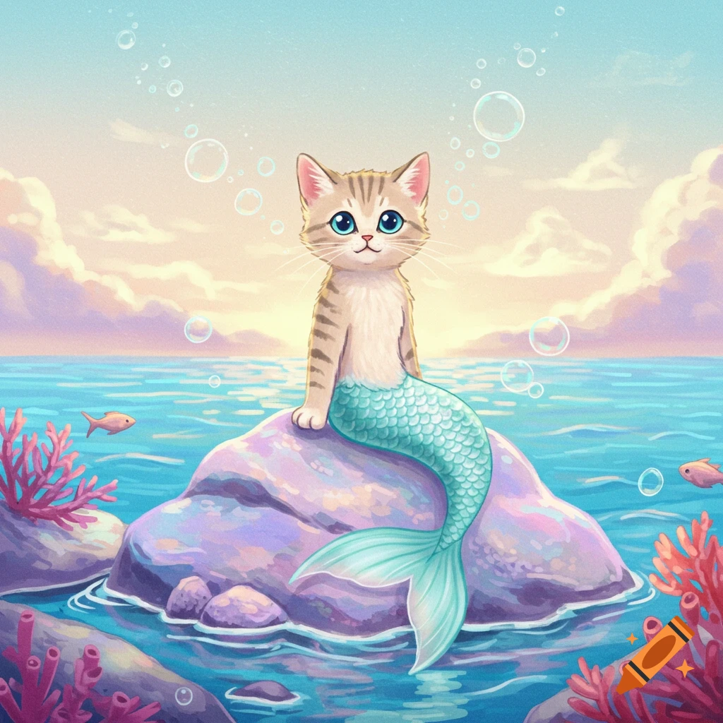 Cute cartoon illustration of a tabby cat with a mermaid tail sitting on a rock in a pastel ocean at sunset.
