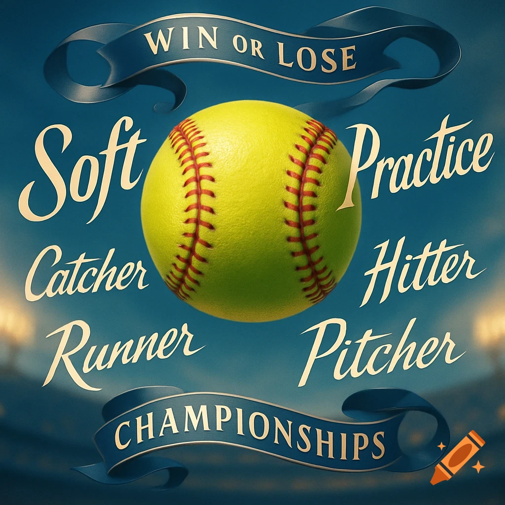 A vibrant yellow softball centered with words related to the sport in elegant script. "Soft Catcher Runner" on the left, "Practice Hitter Pitcher" on the right. Blue ribbons at top and bottom read "WIN OR LOSE" and "CHAMPIONSHIPS" respectively, against a blurred stadium background.