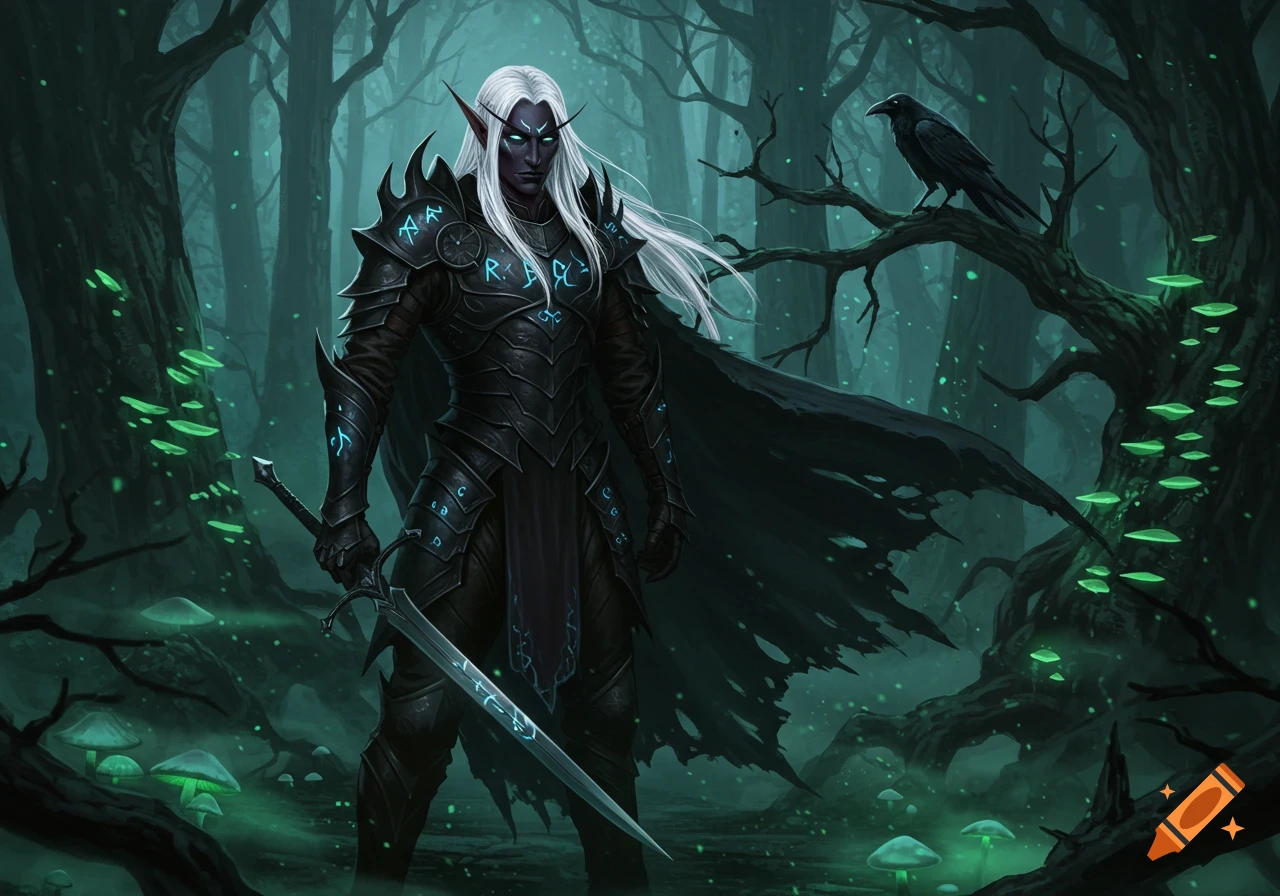 A dark elf in black armor, white hair, glowing eyes, stands in a mystical dark forest with a sword and raven.