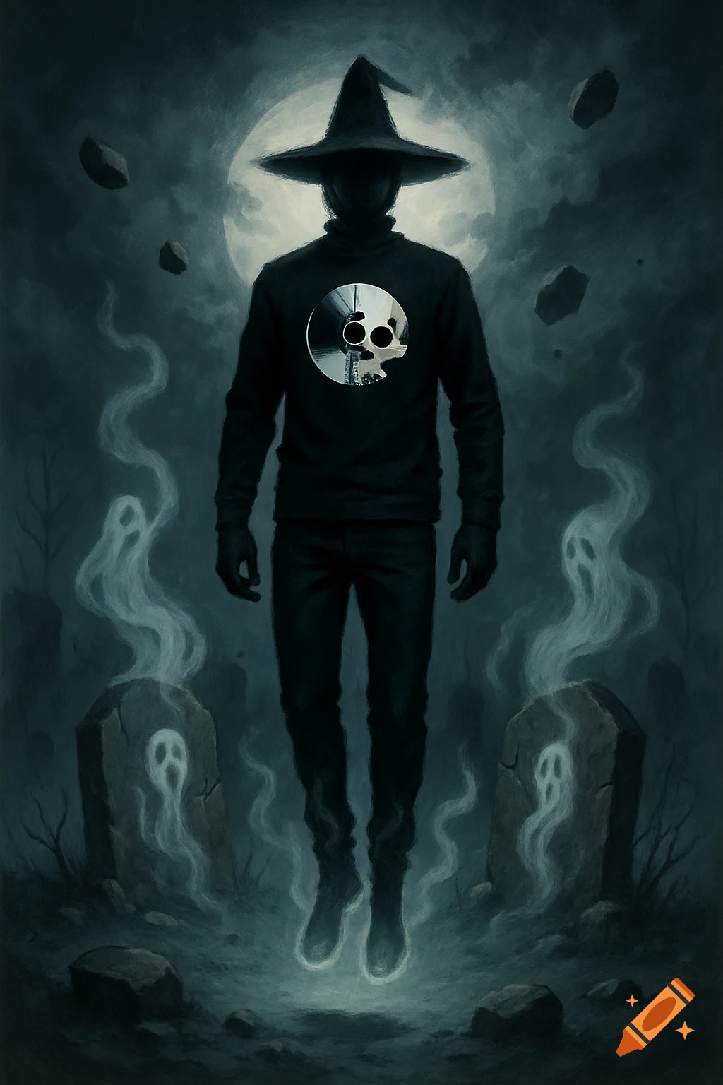 A shadowy figure in a witch hat and dark clothes levitates over gravestones with ghosts and floating rocks under a full moon.