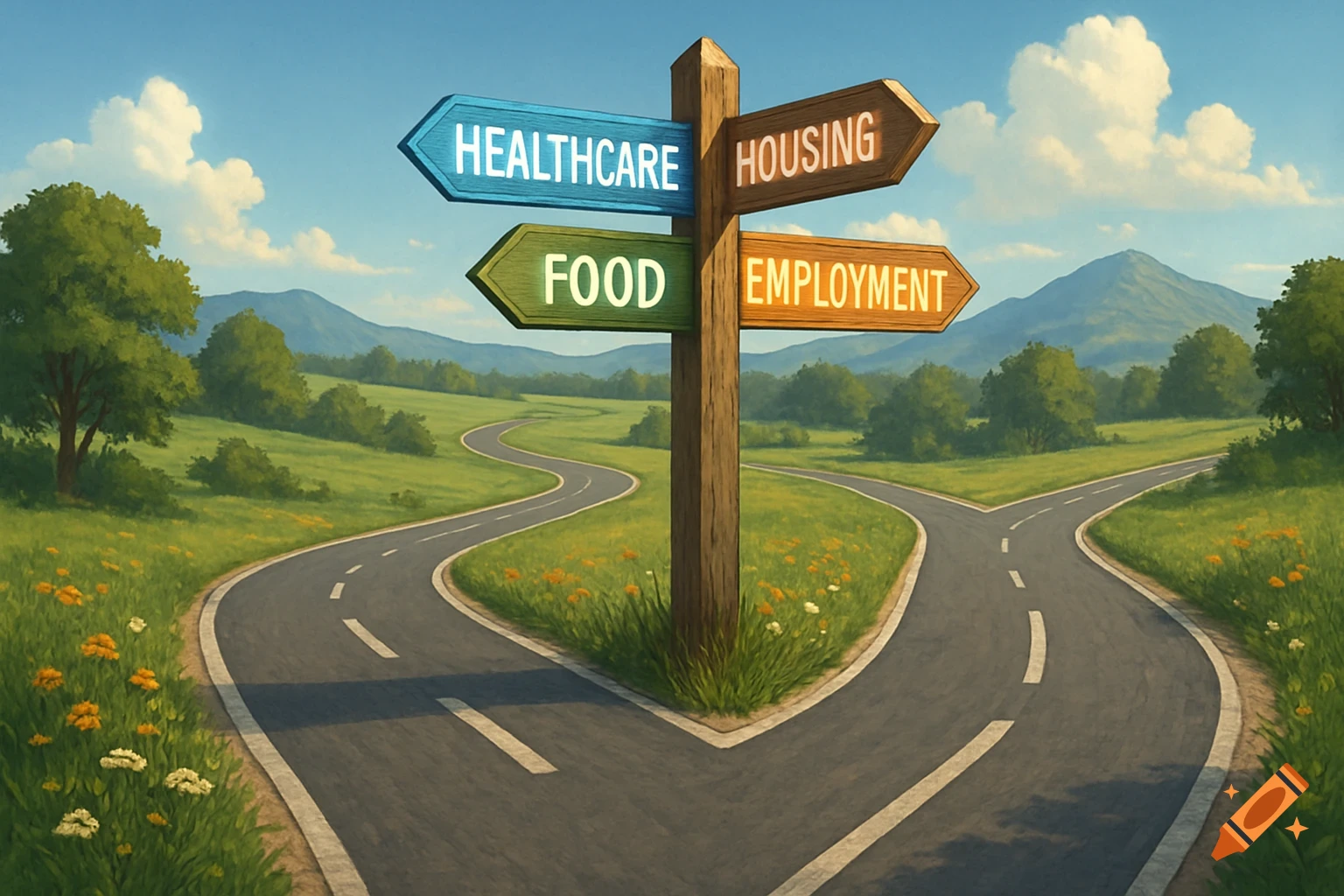 A signpost at a fork in a winding road points to "HEALTHCARE", "HOUSING", "FOOD", and "EMPLOYMENT" amidst a green, hilly landscape under a blue sky.