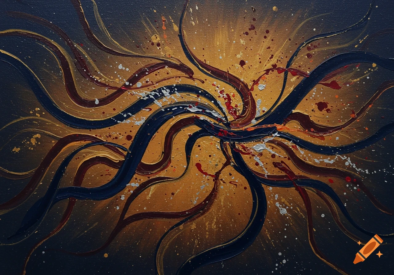 Abstract painting featuring swirling dark blue, maroon, and gold lines, with paint splatters, on a textured golden and dark background.