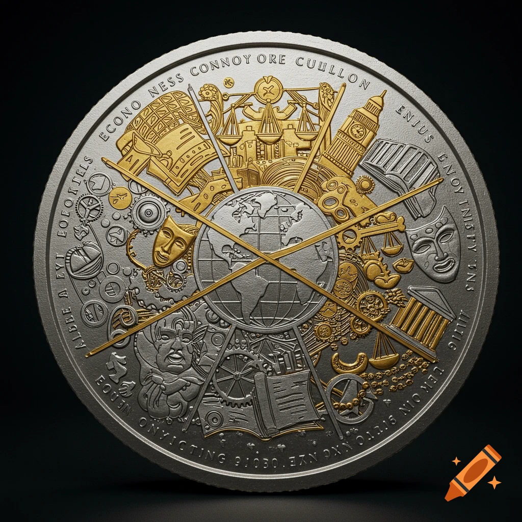 A detailed silver and gold coin with a central globe, surrounded by symbols representing economy, culture, and government.