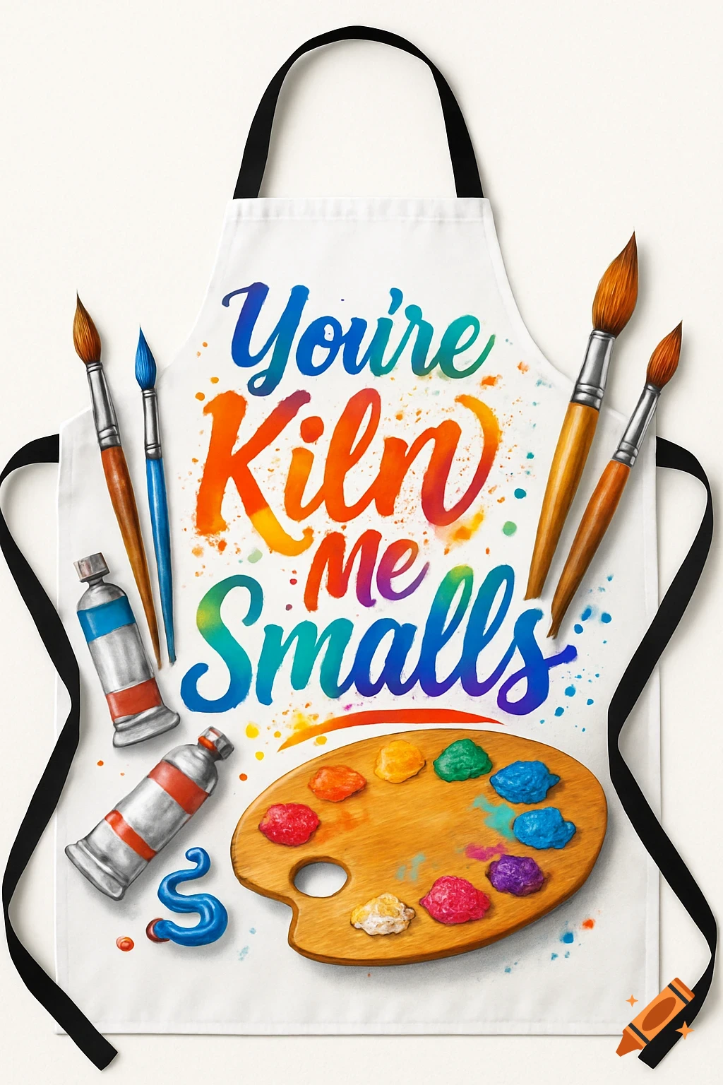 White apron with 'You're Kiln me Smalls' in colorful script, surrounded by realistic paintbrushes, paint tubes, and an artist's palette.