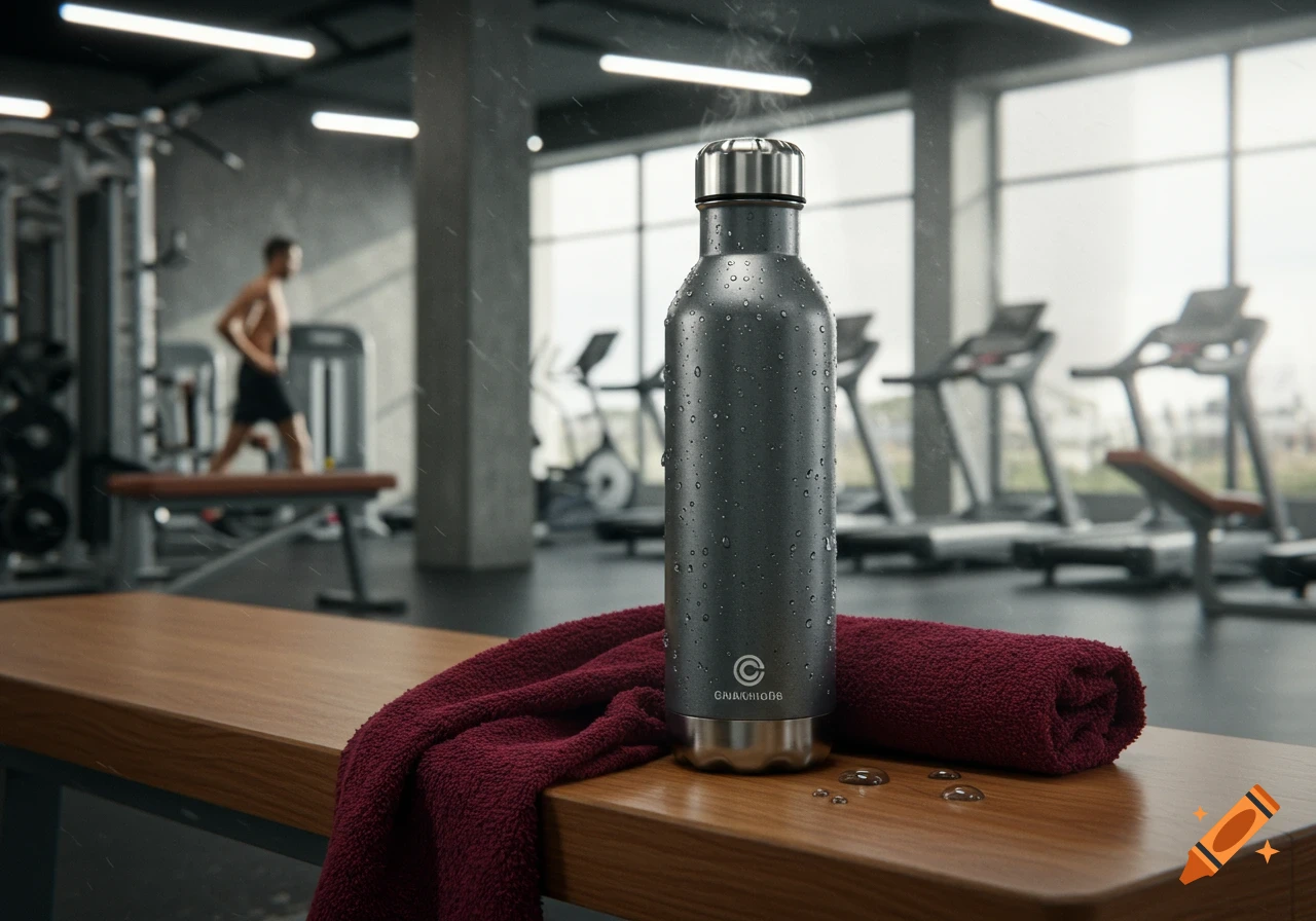 Sleek dark gray water bottle with droplets and steam on a wooden gym bench. A blurred man exercises in the background of a modern gym.