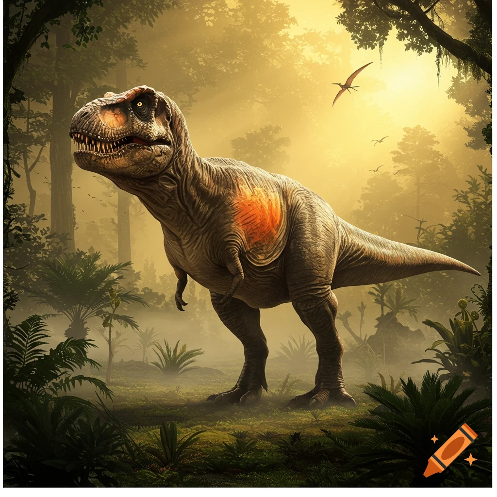 Photorealistic Tyrannosaurus Rex in a misty, sunlit jungle with an orange glowing mark on its chest, and pterosaurs flying.