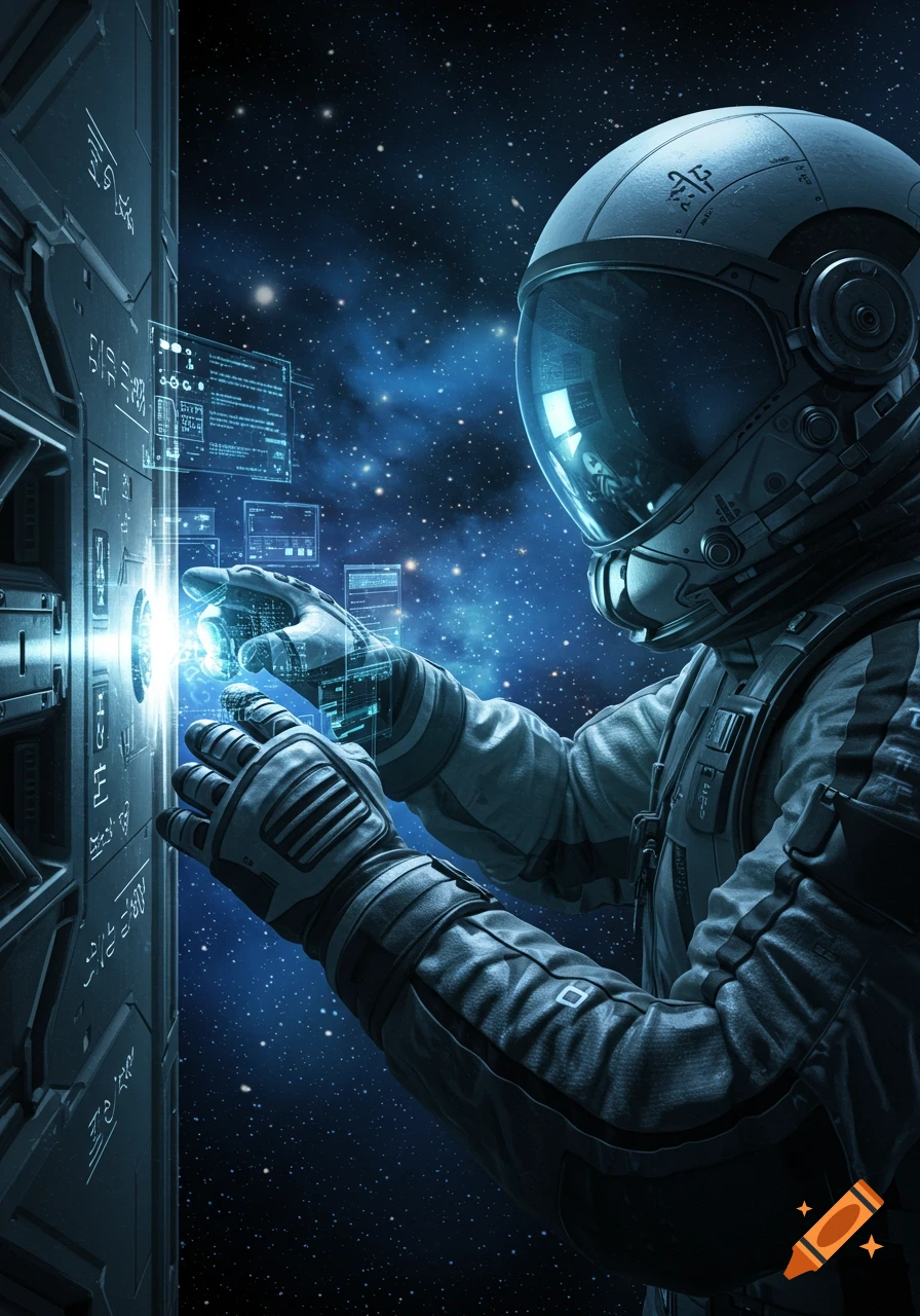 A detailed photorealistic image of an astronaut in space interacting with a glowing holographic control panel on a futuristic space station door.