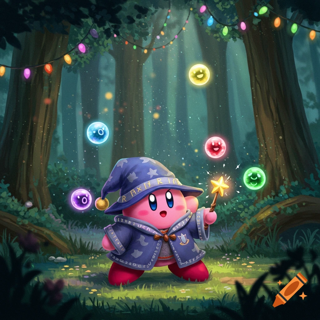 Kirby dressed as a wizard, holding a sparkling wand, surrounded by colorful glowing orbs in a magical forest with string lights.