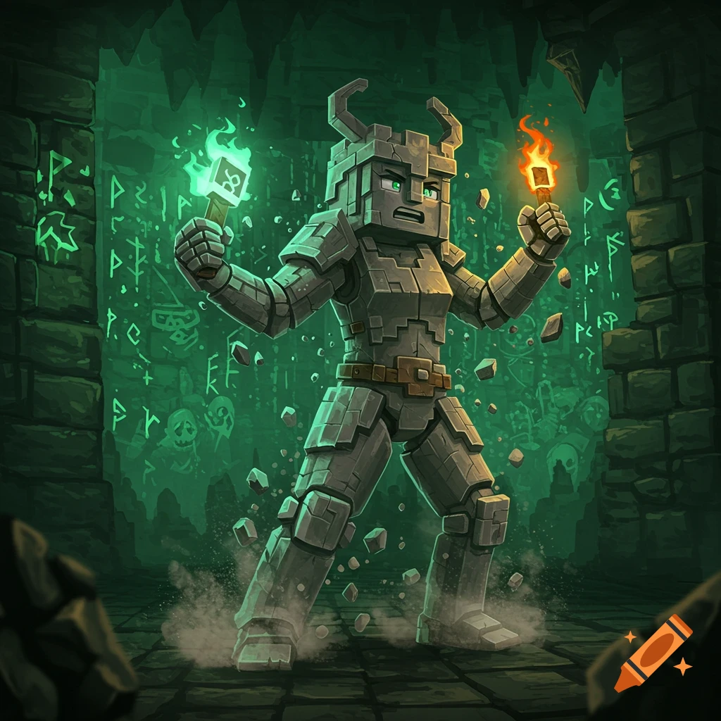 A blocky stone warrior, Valorie from Minecraft Dungeons, stands in a dark cave, holding a green and an orange torch, with glowing runes on the walls and rocks around her feet. Stylized illustration.