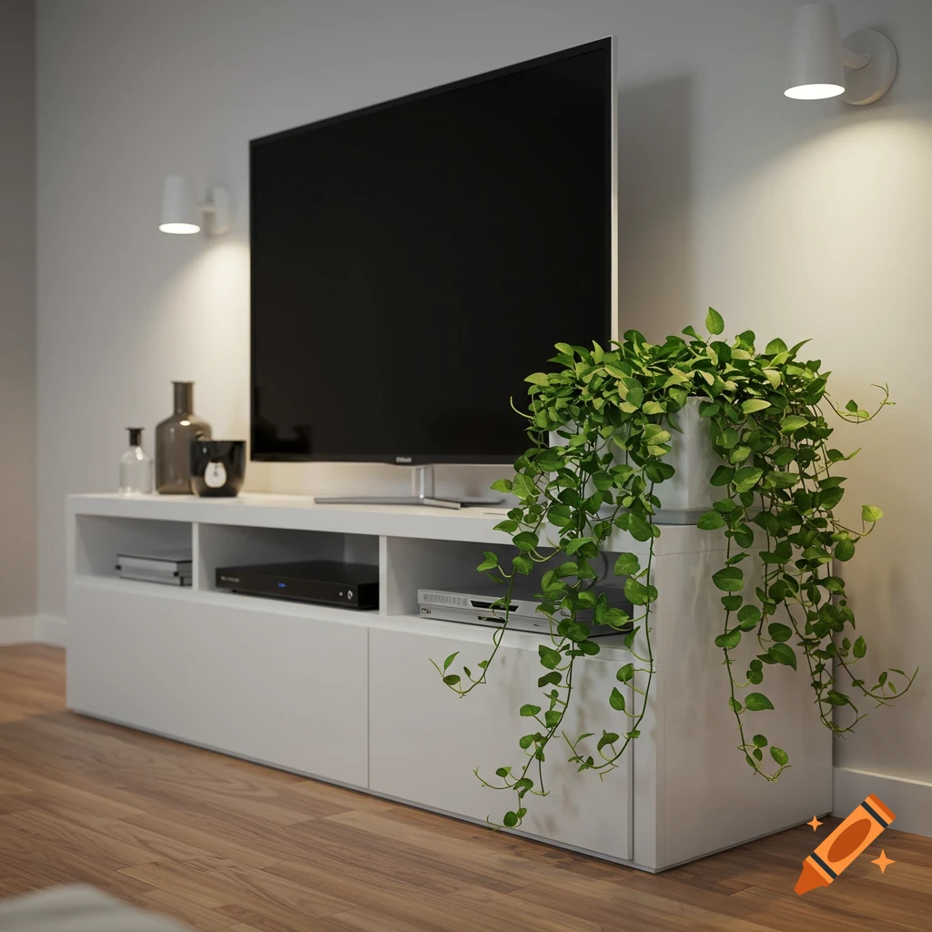 Photorealistic image of a white TV stand with a black television, decorative vases, and a lush Pothos plant spilling over the side.