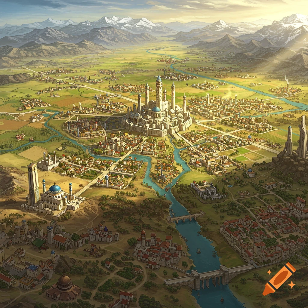 Aerial view of a sprawling fantasy city with a grand central palace, surrounded by towns, rivers, and snow-capped mountains.