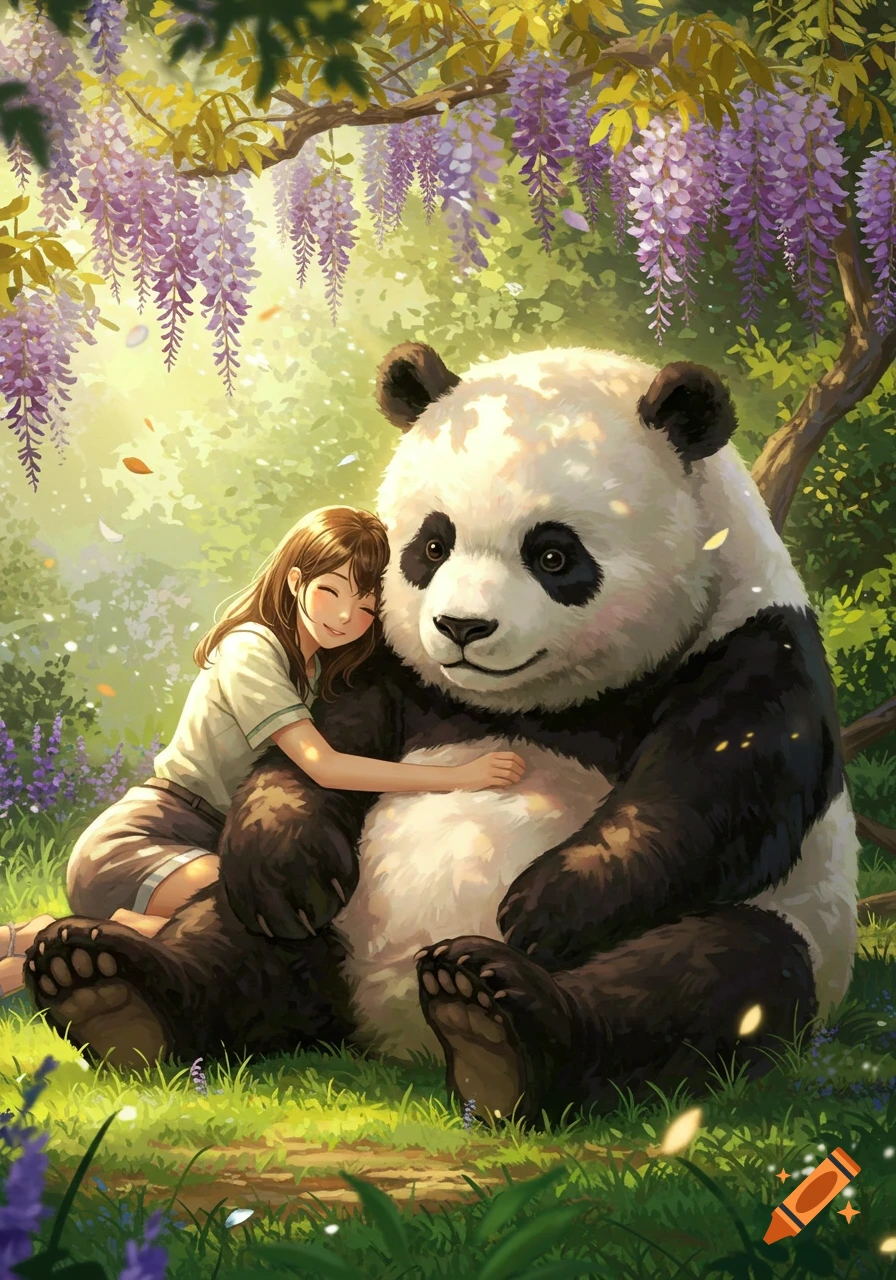 A smiling girl hugs a giant panda under a wisteria-covered tree in a sunny forest, in an anime art style.