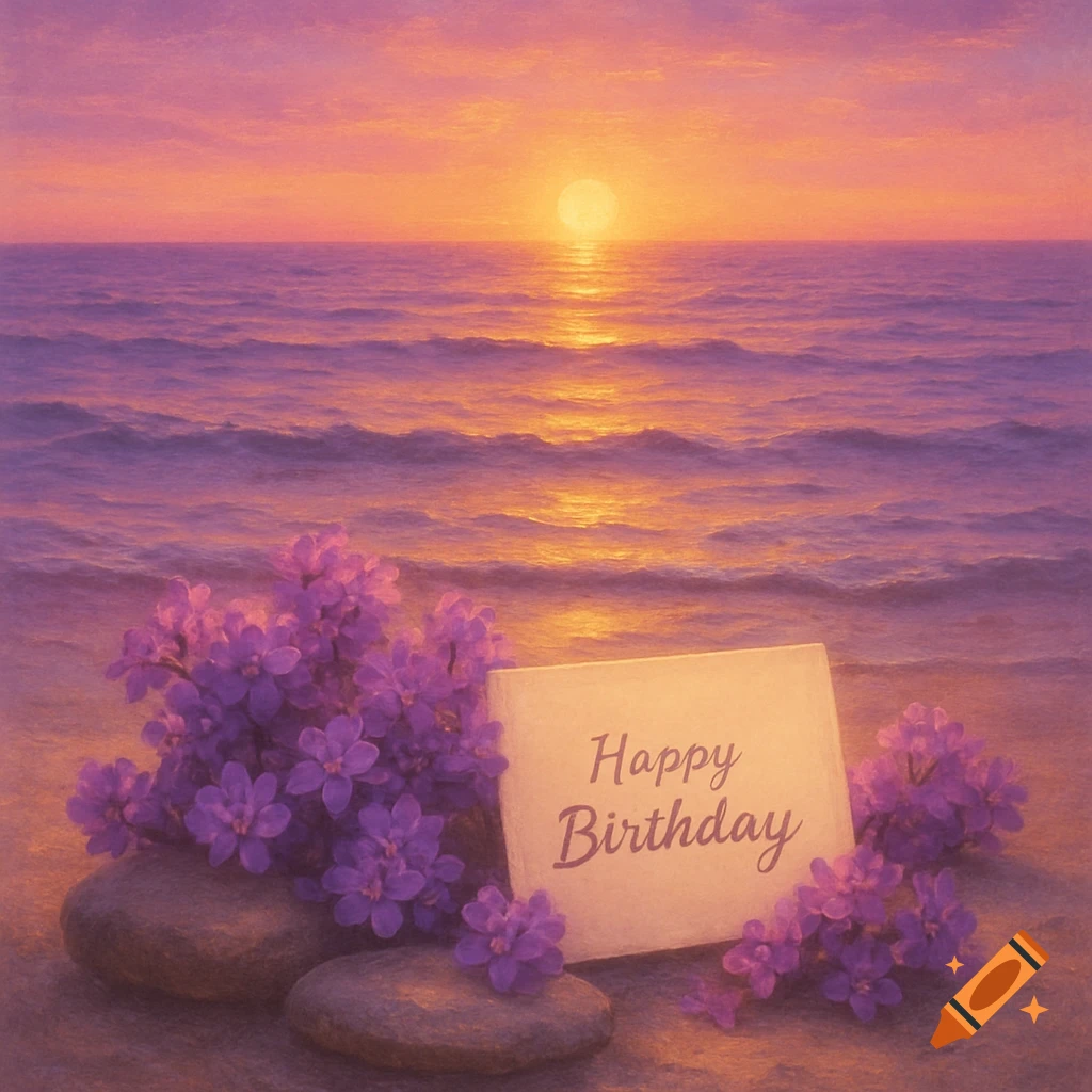 Serene sunset over an ocean with purple flowers, stones, and a 'Happy Birthday' note on the sand in a painterly style.