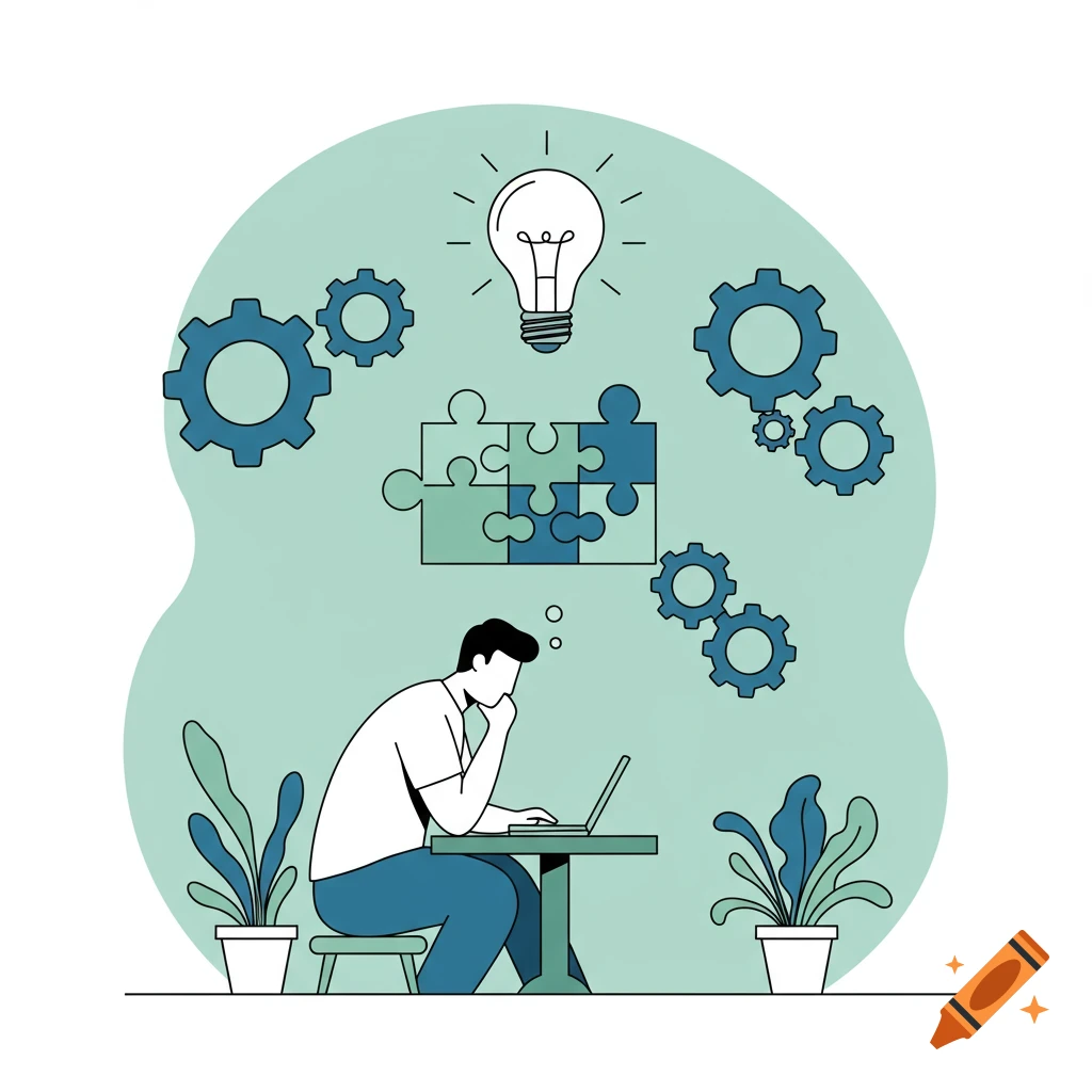 Minimalist illustration of a person on a laptop, surrounded by gears, puzzle pieces, and a lightbulb, symbolizing critical thinking.