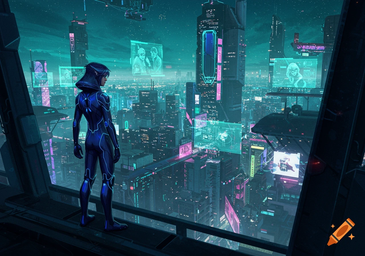 A figure in a futuristic blue suit stands overlooking a sprawling neon-lit cyberpunk city at night with holographic screens.