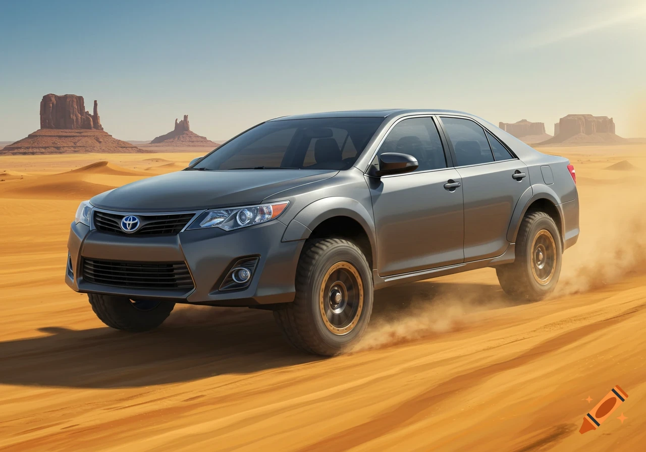 A gray off-road modified Toyota Camry drives on sand dunes in a desert with buttes in the background.