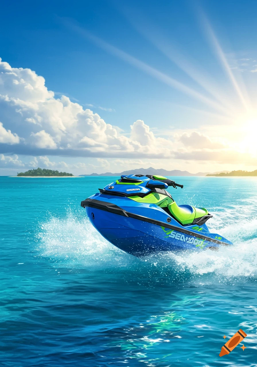 Blue and green jet ski speeding across a tropical ocean under a sunny sky.
