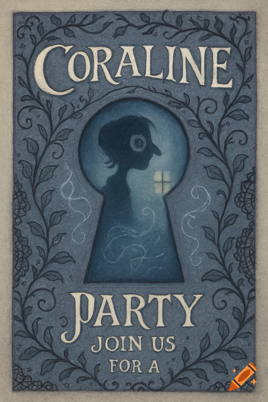 Hand-drawn Coraline party invitation with a child's silhouette in a keyhole, surrounded by vines.