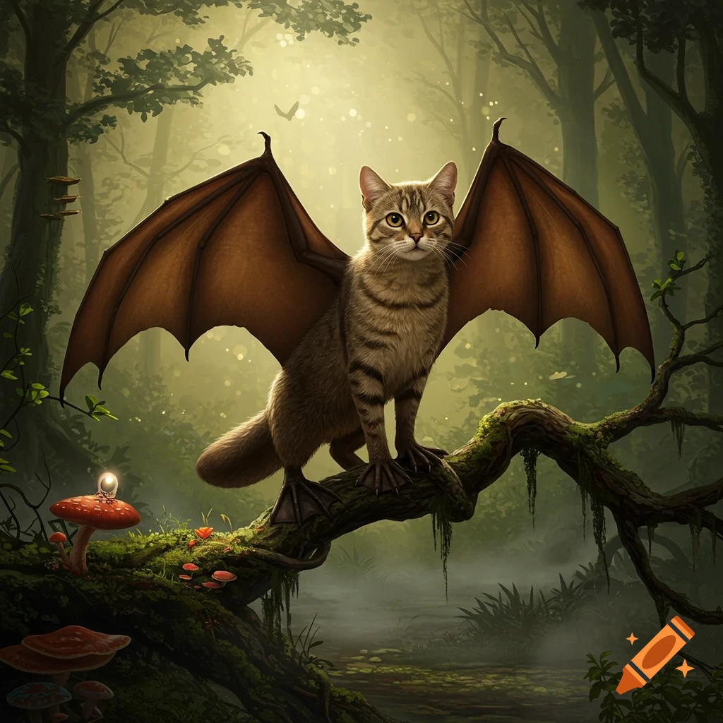 A tabby cat-like creature with bat wings and platypus feet sits on a mossy branch in an enchanted, misty forest with glowing mushrooms, digital art.