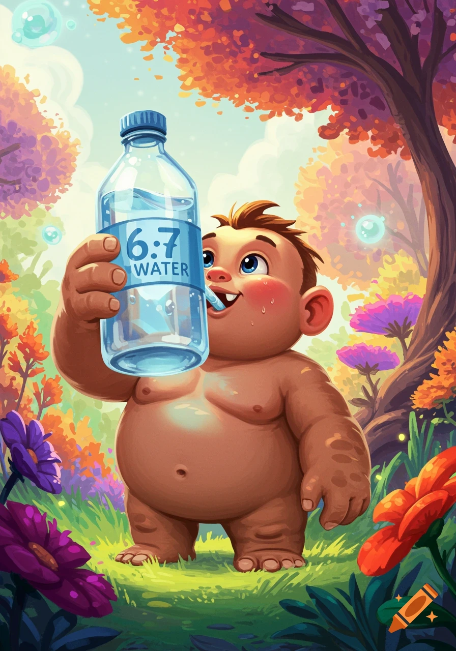 A plump cartoon baby with rosy cheeks drinks from a bottle labeled '6:7 WATER' in a vibrant, colorful forest.
