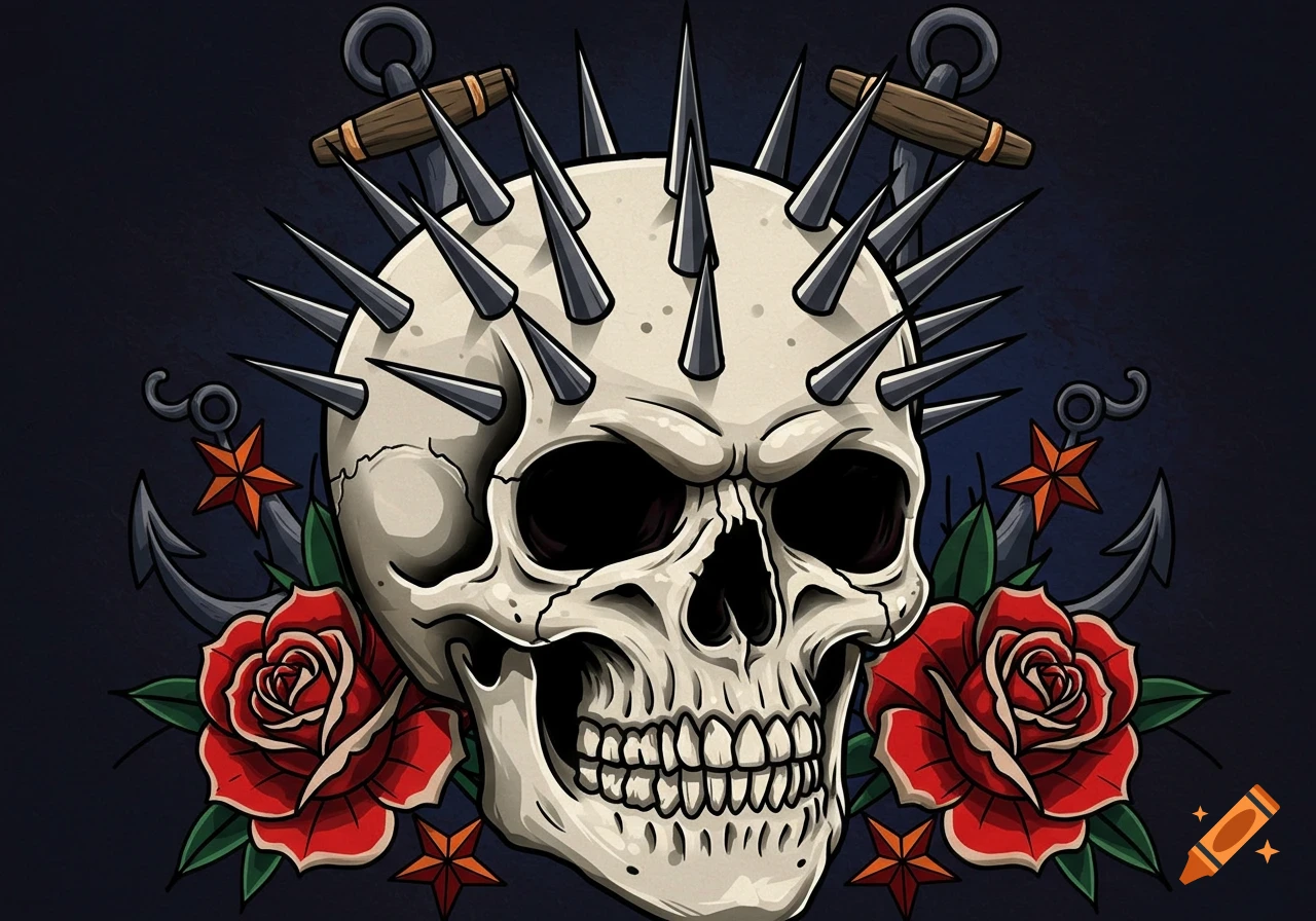American traditional tattoo illustration of a spiked skull flanked by red roses and anchors on a dark background.