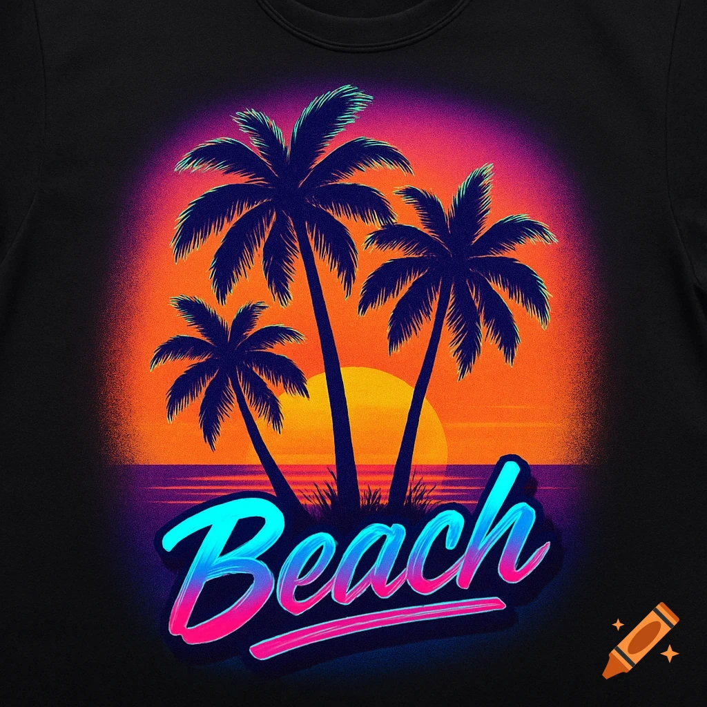 A retro 80s T-shirt design with three silhouetted palm trees against a sunset, above neon blue and pink text reading 'Beach'.