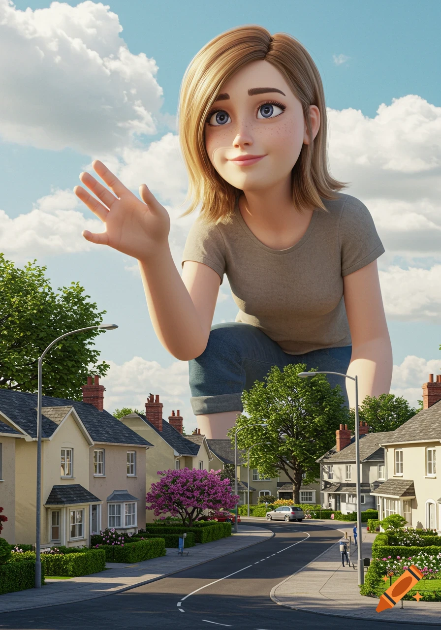 A giant animated woman with short blonde hair and a grey shirt crouches over a suburban street, waving.