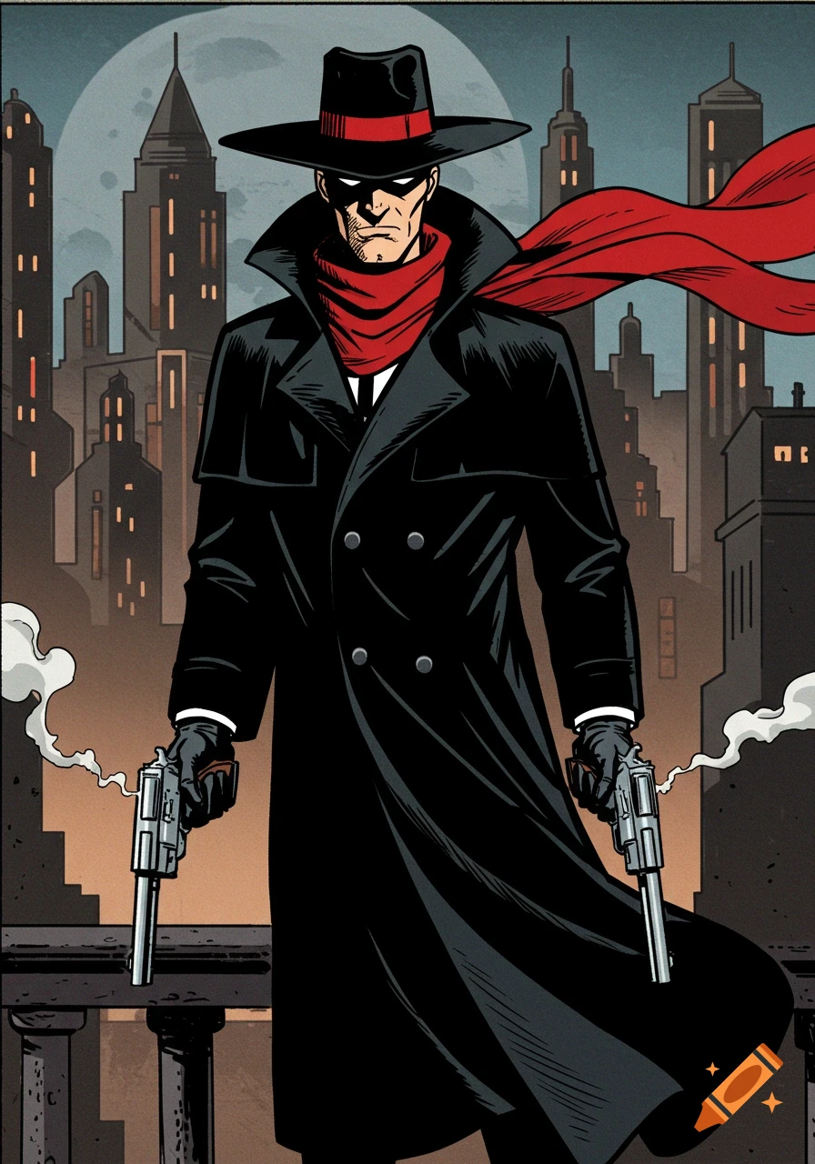 A comic book hero in a black trench coat, fedora, and red scarf holds two revolvers in a nighttime city.