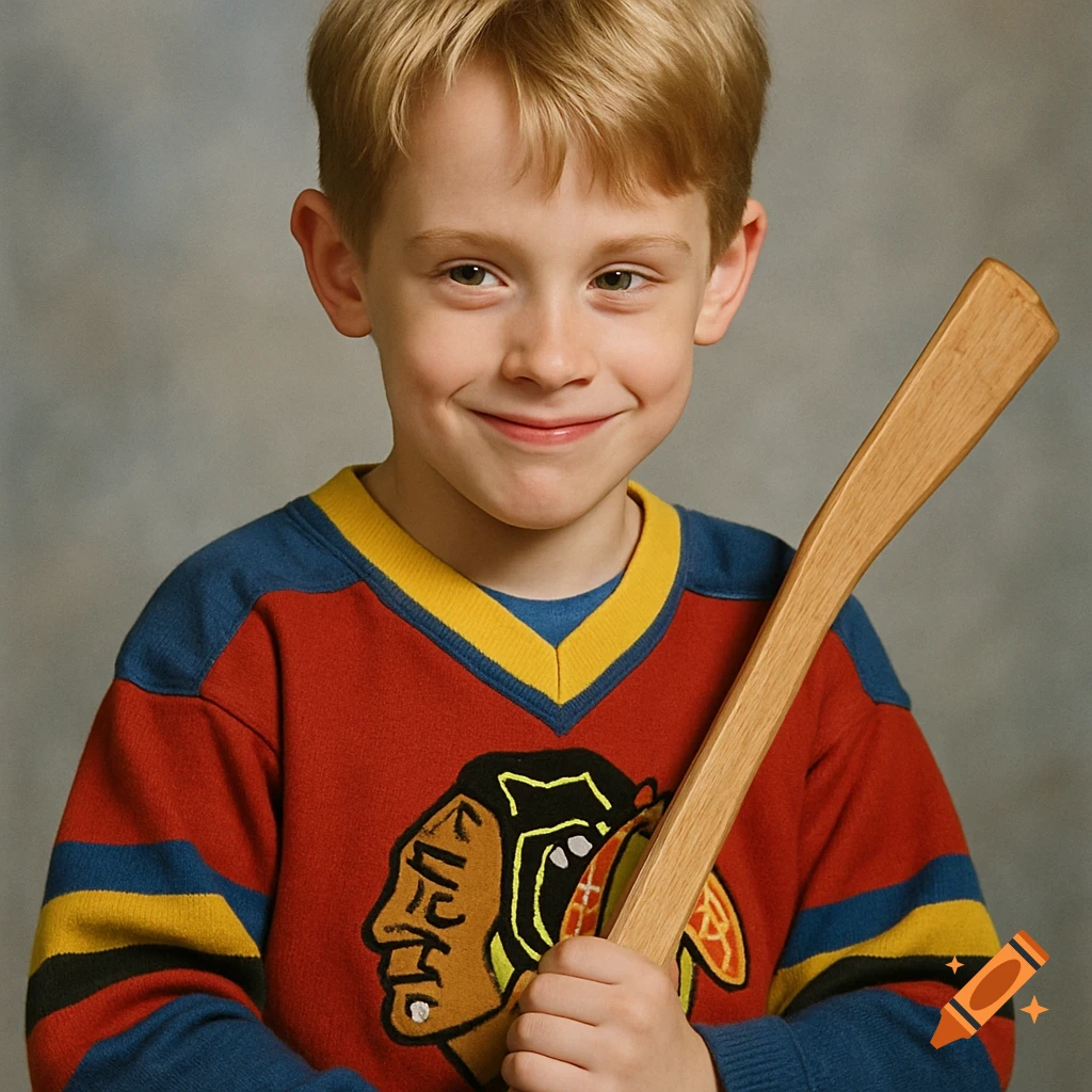 A young blonde boy in a Chicago Blackhawks sweater smiles while holding a wooden hockey stick in a school portrait.
