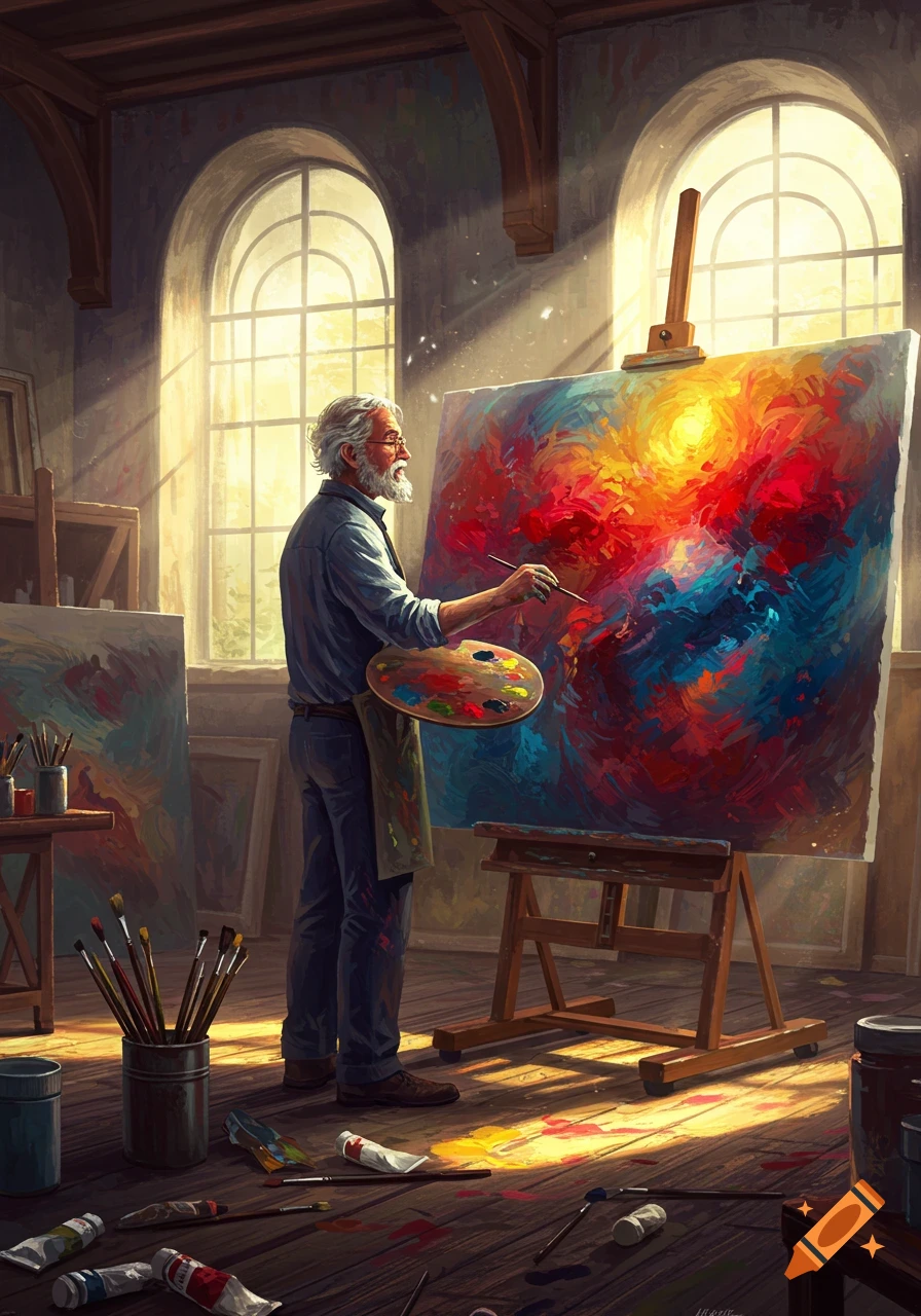 An old man with a beard paints a vibrant abstract canvas in a sunlit artist's studio with arched windows, digital painting.