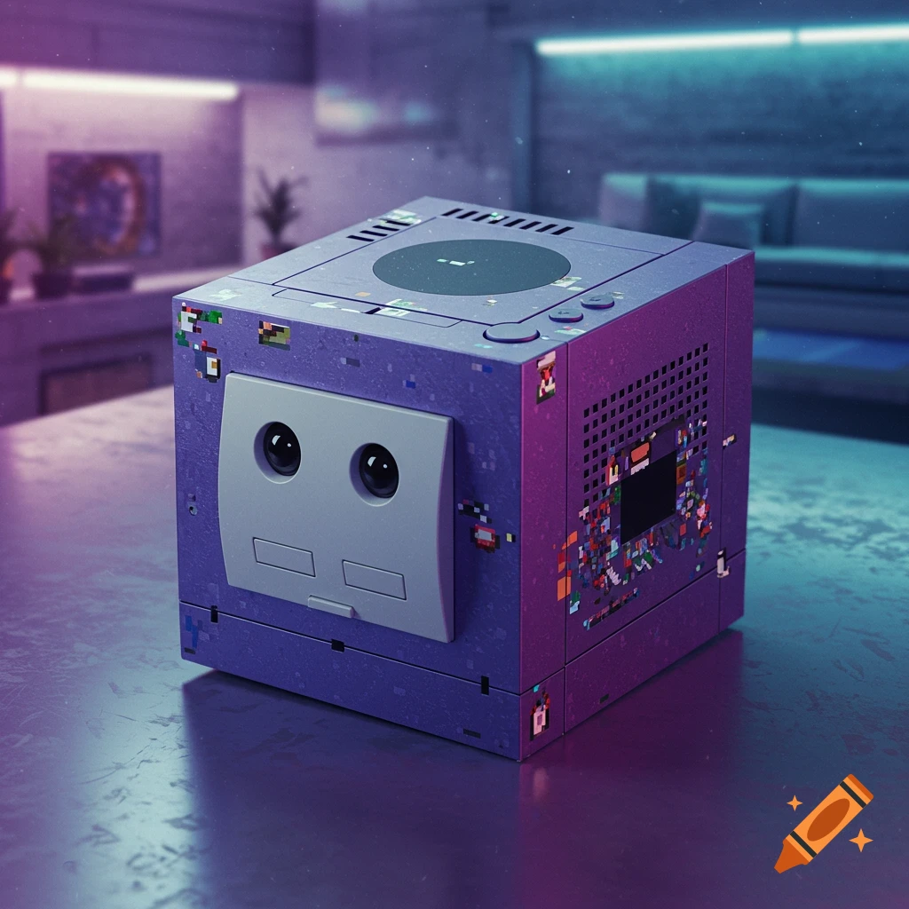 A stylized purple Nintendo GameCube with a gray face, large eyes, and colorful pixelated glitch patterns on its surface, set in a dimly lit room.