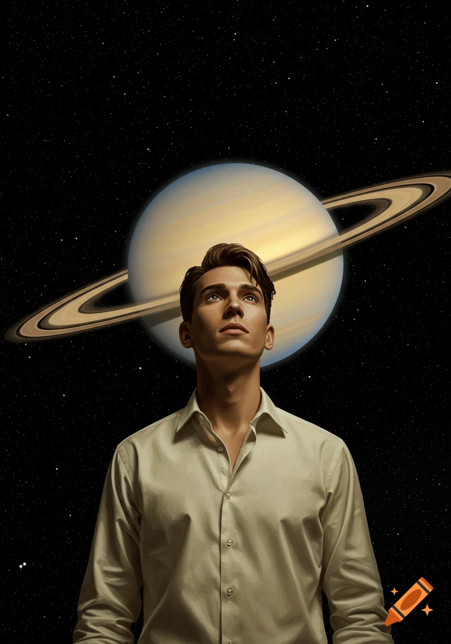 A man in a cream shirt looks up at Saturn with its prominent rings against a starry black space background.