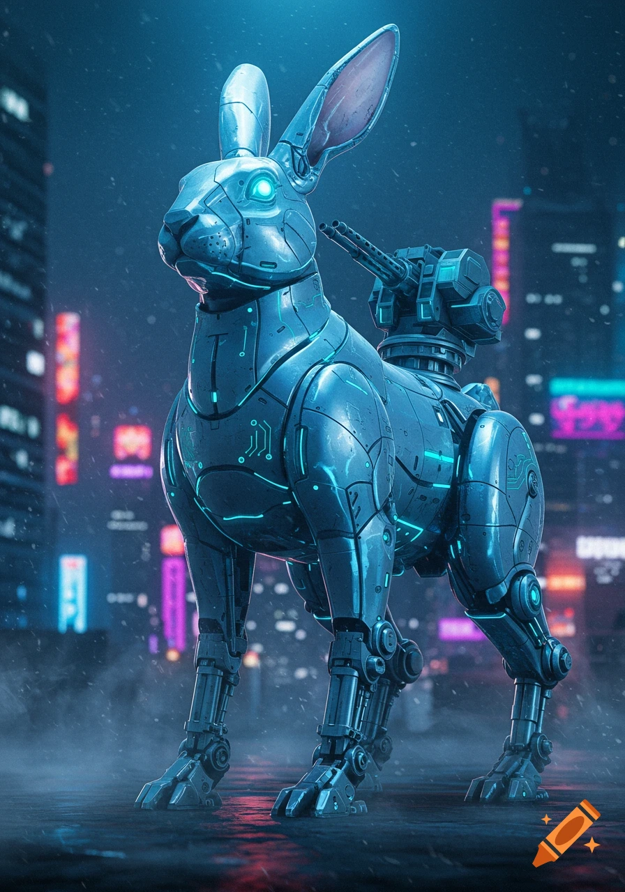 A metallic blue robotic rabbit with a turret on its back stands in a neon-lit futuristic city with falling snow.