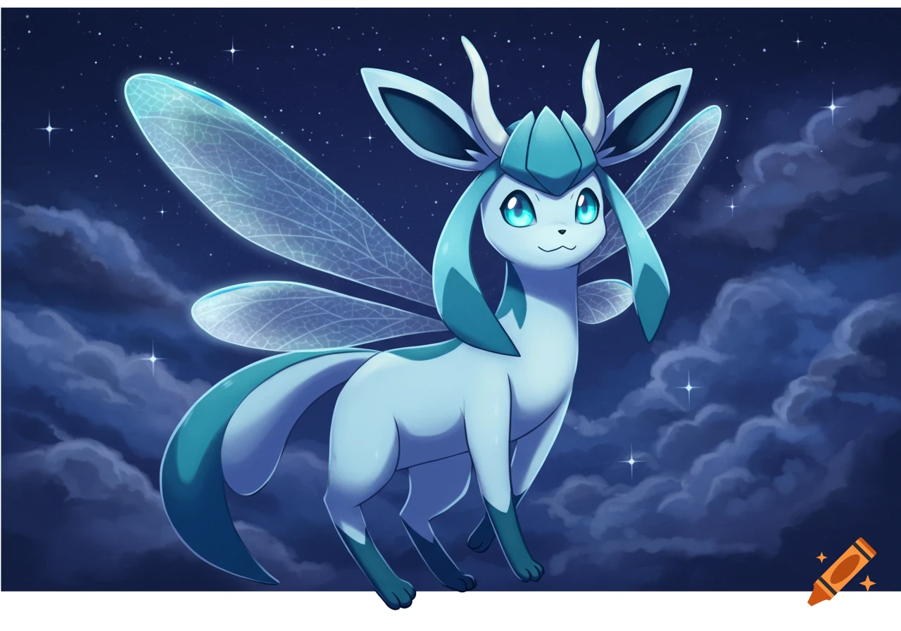 A cute, light blue, anime-style fantasy creature with glowing blue eyes and large translucent wings stands under a starry night sky with clouds.