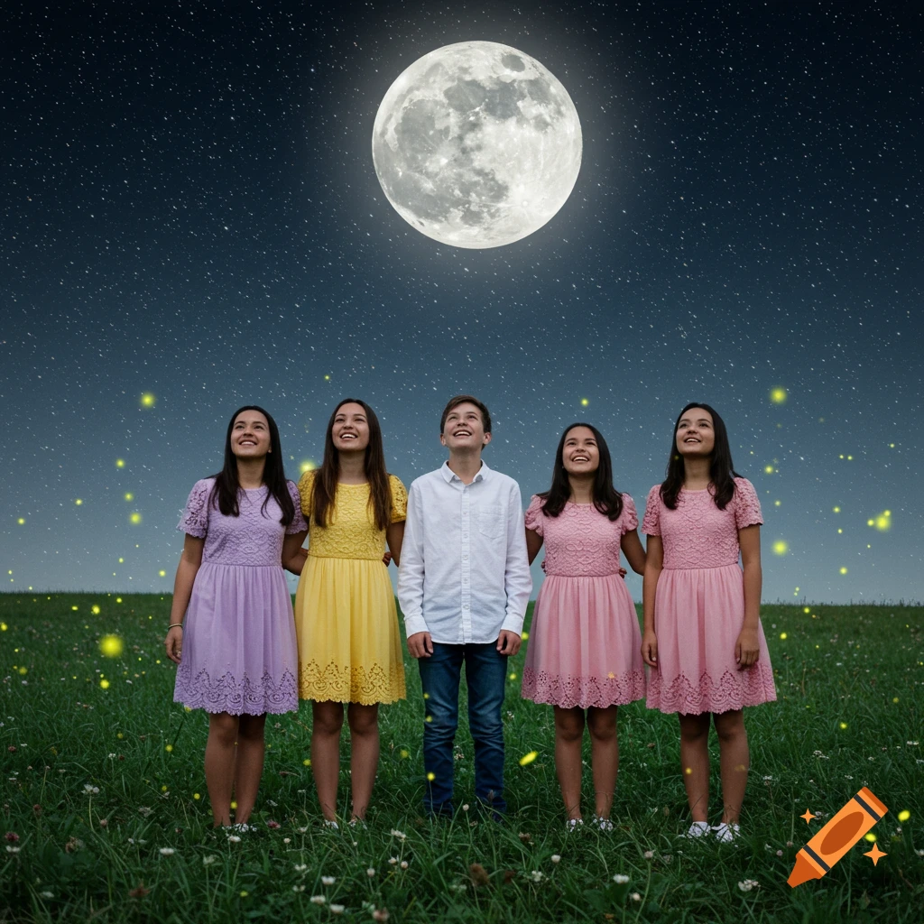 Five children, four girls and one boy, stand in a field at night, looking up at a large full moon and numerous stars, with glowing fireflies around them.