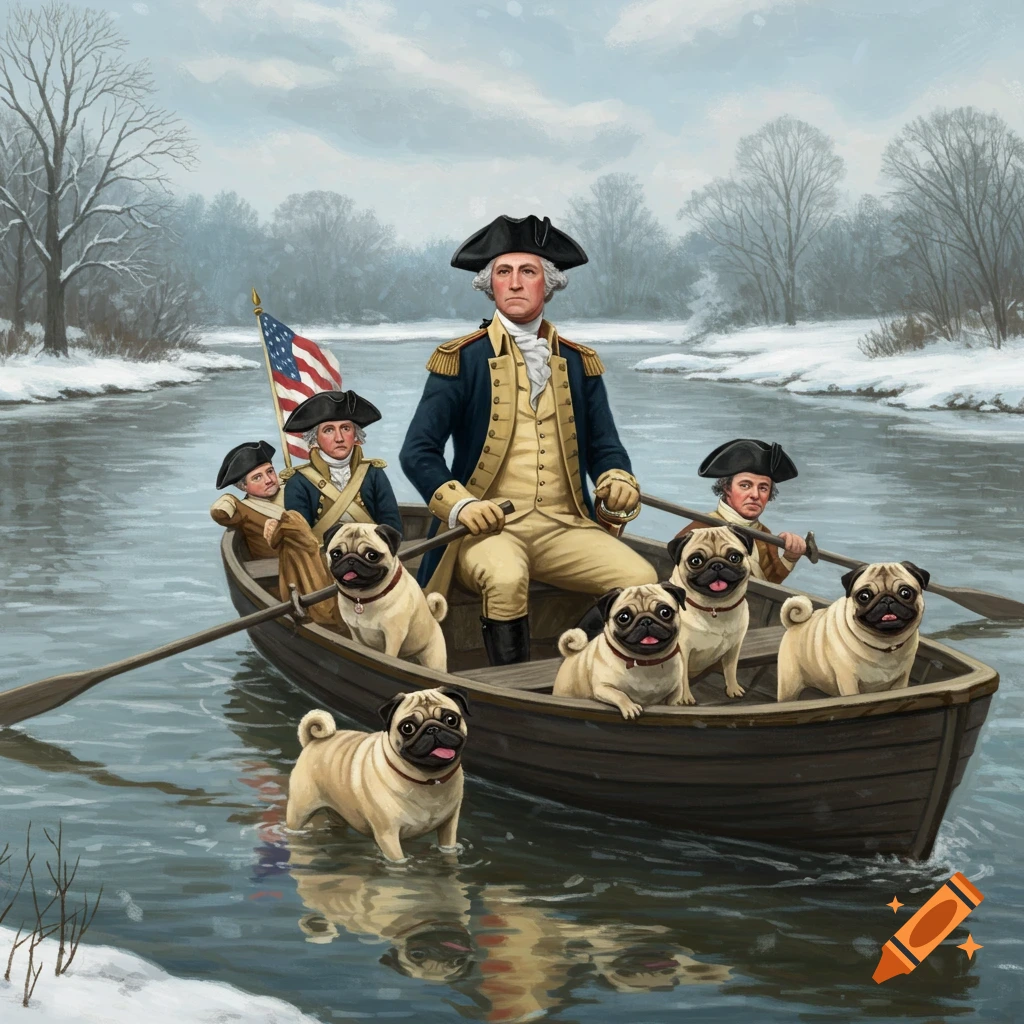 George Washington, in a boat filled with pugs, crosses a snowy river in a painterly illustration.