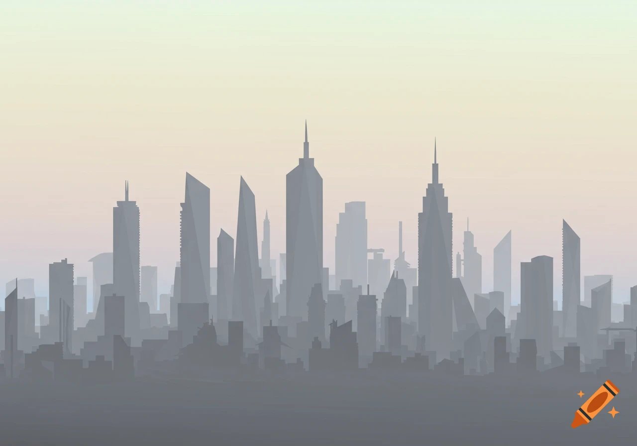 Low polygonal grey city skyline silhouette against a pale yellow and pink gradient sky.