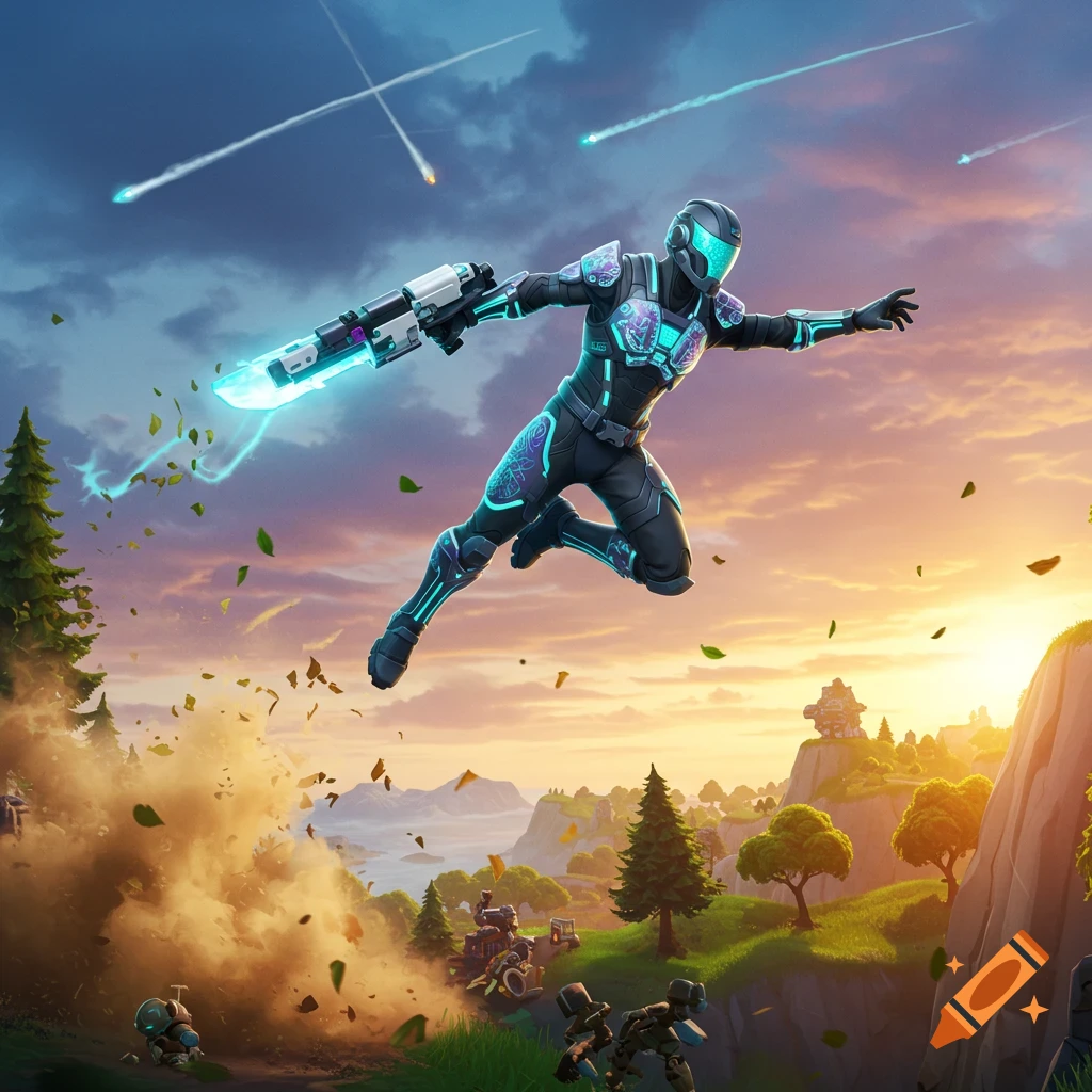 A futuristic character in black and teal armor leaps with a glowing sci-fi weapon over a vibrant, stylized landscape at sunset.