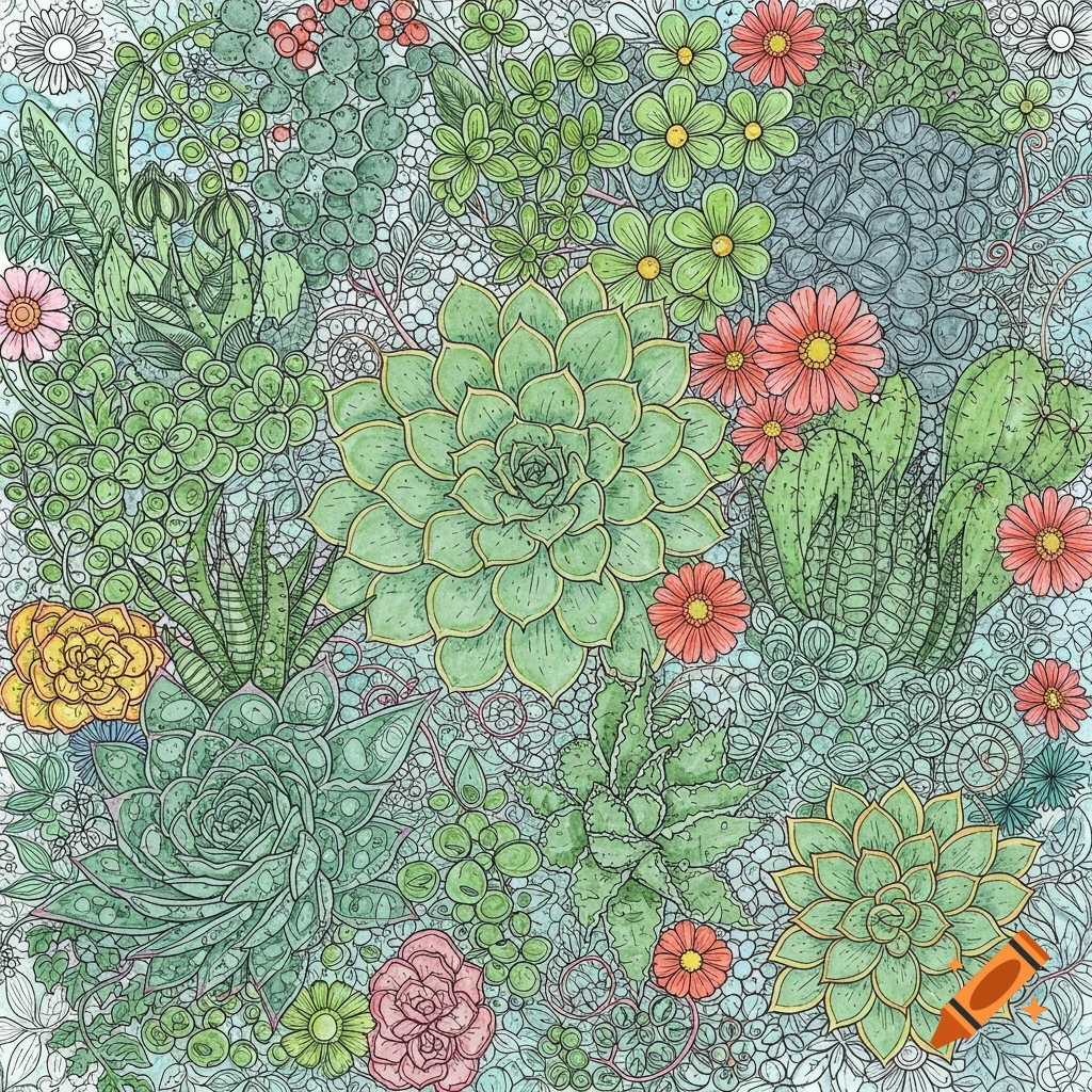 Detailed illustration of a succulent and flower garden in a coloring page style with various green succulents and colorful flowers.