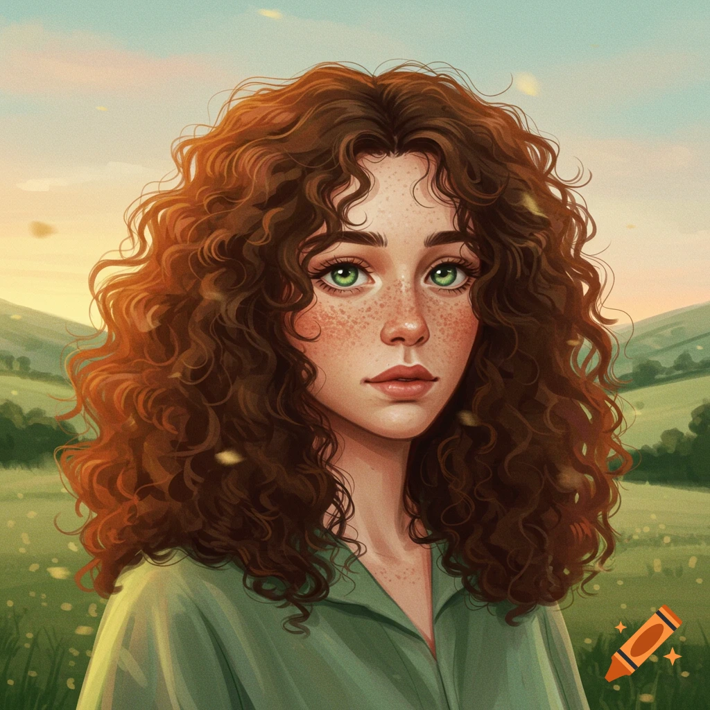 Digital painting of a young woman with curly brown hair, green eyes, and freckles, wearing a green shirt, against a grassy sunset landscape.