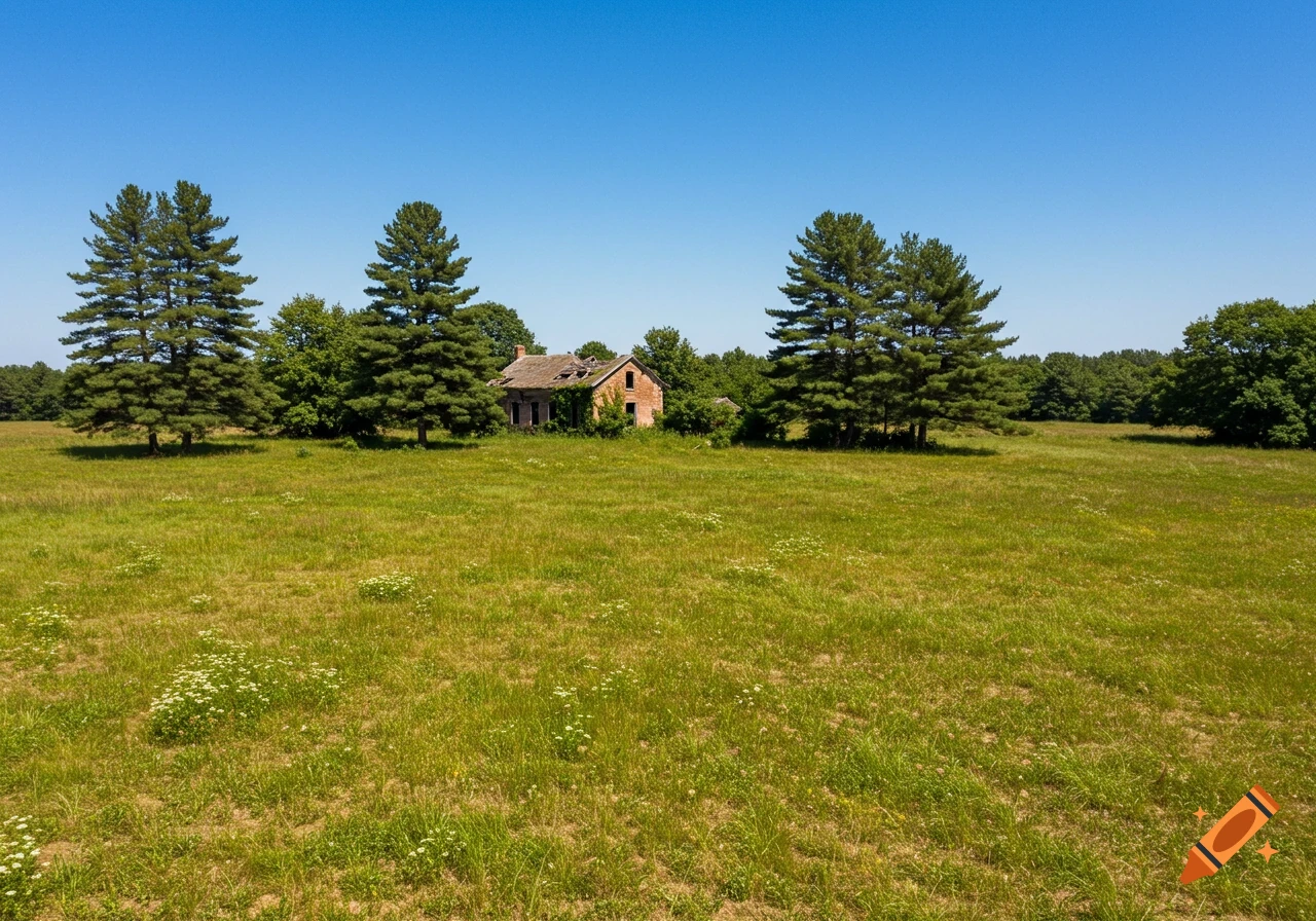 Dilapidated farmhouse surrounded by pine trees in a green field under a clear blue sky on a sunny day.