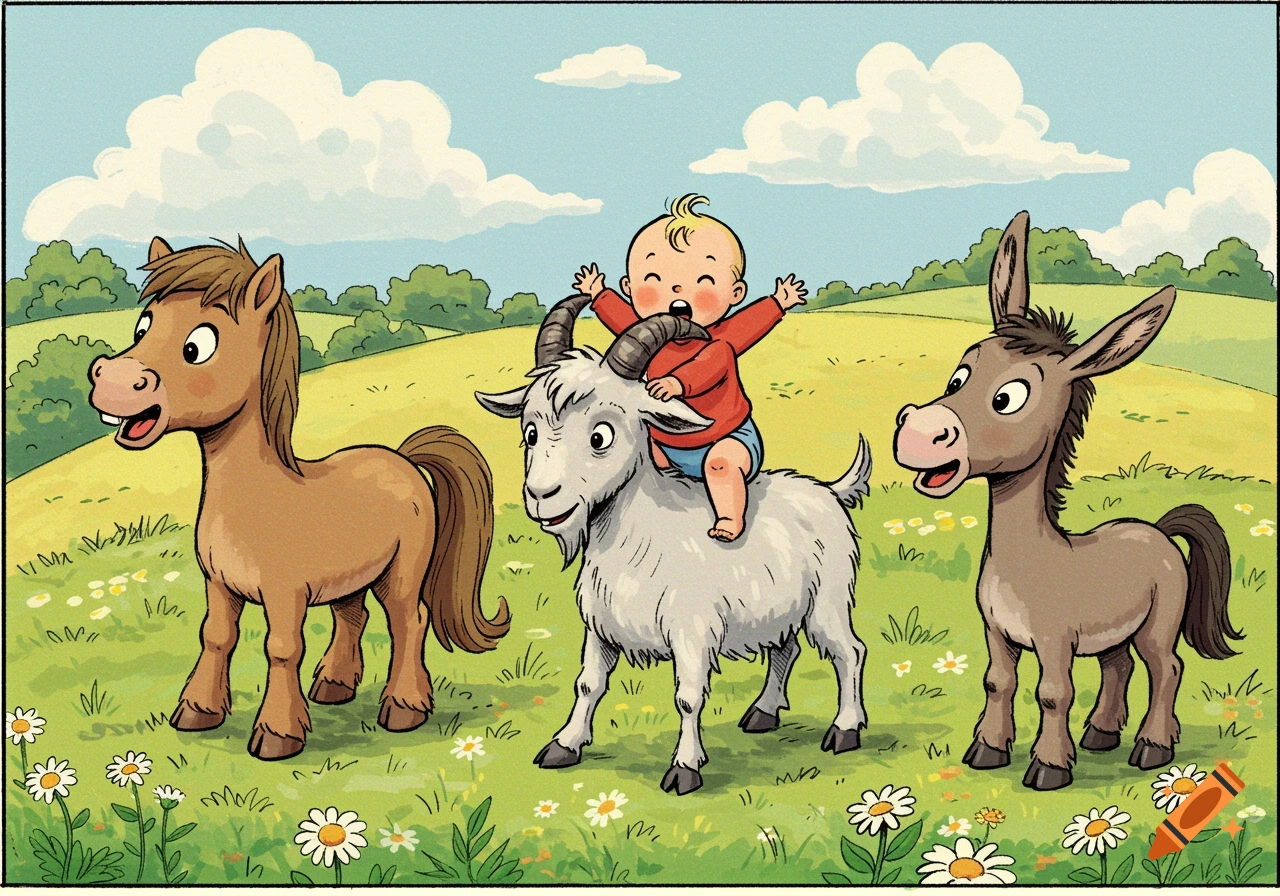 Cartoon illustration of a happy toddler riding a goat, flanked by a smiling horse and donkey in a sunny green field.